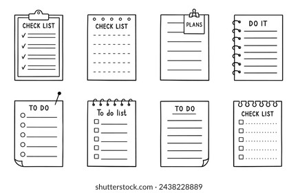 Check list, memory note paper doodle set. Reminder, to do list, notebook with plan, task and checkboxes in sketch style. Hand drawn vector illustration isolated on white background