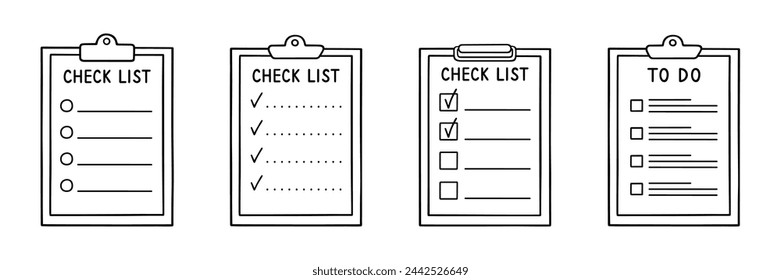 Check list, memory note paper doodle set. Reminder, to do list, notebook with plan, task and checkboxes in sketch style. Hand drawn vector illustration isolated on white background