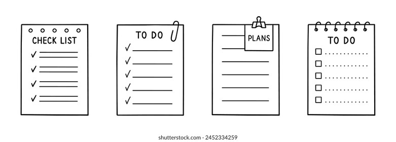 Check list, memory note paper doodle set. Reminder, to do list, notebook with plan, task and checkboxes in sketch style. Hand drawn vector illustration isolated on white background