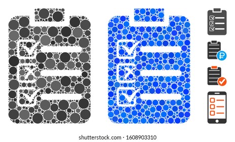 Check list mosaic of small circles in variable sizes and color tinges, based on check list icon. Vector small circles are combined into blue illustration.