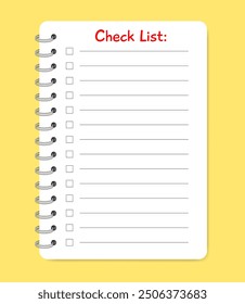 Check list. Notebook with spiral. Small book, diary, notepad. Copybook with lined notepaper. Yellow background