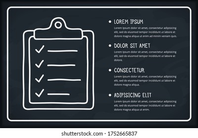 Check list on blackboard, handdrawn clipboard icon and place for your text, blackboard background, vector eps10 illustration