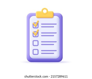 Check List On Clip Board 3d Icon. Render Clipboard With Document, Checklist. Business, Office And Education Concept. 3d Vector Cartoon Minimal Illustration