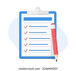 Check list on clipboard with five check boxes and red pencil, vector eps10 illustration