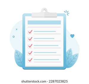 Check list on clipboard with five check boxes, vector eps10 illustration