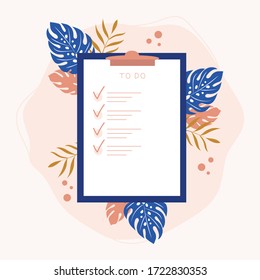 Check list on clipboard paper with botanical elements.Successfully complete assignments concept. 