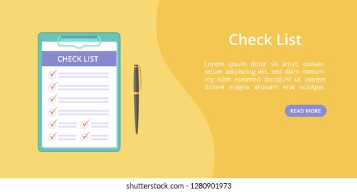 Checken Sie die Liste auf der Zwischenablage mit dem Pen-Landing-Page-Konzept. Website Seite Vektorvorlage, Checkliste an Bord mit Video. Online-Checkliste-Service-Landekonzept gelbe Illustration mit Stift und Zwischenablage