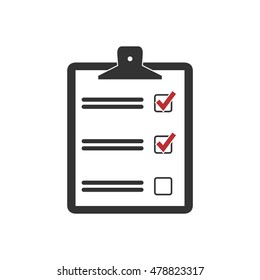 Check list on a clipboard. Test icon on flat style. Concept exam, testing and survey. Vector isolated illustration. 