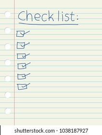 Check list on a lined paper sheet, hand written by pen vector illustration