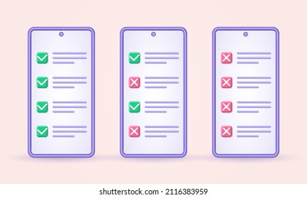 Check list on the mobile phone screen set. 3d checklist on the smartphone with tick and cross symbols, correct and wrong checkmarks. Online test, survey concept. Vector illustration.