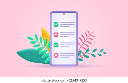 Check list on the mobile phone screen set. 3d checklist on the smartphone with tick and cross symbols, correct and wrong checkmarks. Online test, survey concept. Vector illustration.