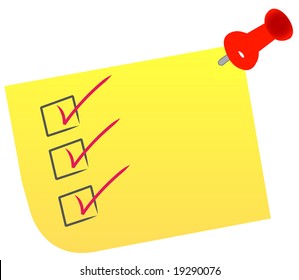 check list on note with red thumb tack