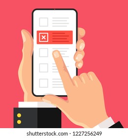 Check list on smartphone screen. Hand holds mobile phone and checklist with checkboxes and x mark. Finger touching screen. Modern flat design. Vector illustration