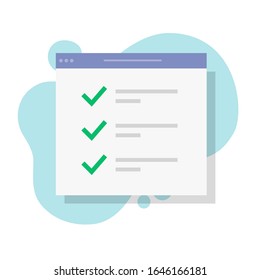 Check list online form report on website or web internet survey exam checklist vector flat cartoon, illustrated browser window with check marks or ticks as to do task list idea or test modern design