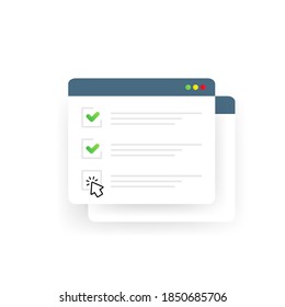 Check list online form. Report on website or web internet survey, exam checklist vector. Illustration browser window with check marks. Vector on isolated white background. EPS 10