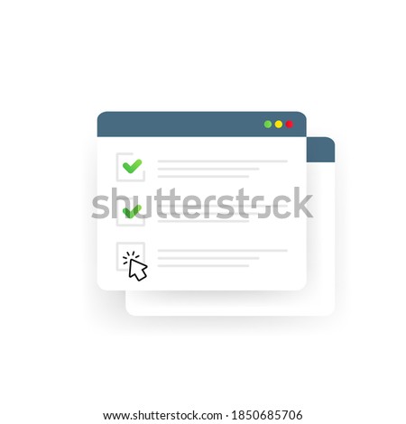 Check list online form. Report on website or web internet survey, exam checklist vector. Illustration browser window with check marks. Vector on isolated white background. EPS 10