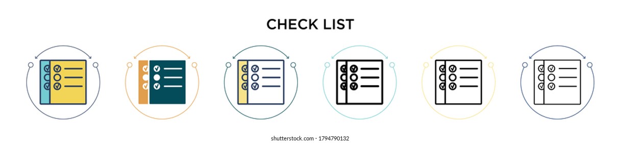 Marque el icono de contorno de la lista en el estilo relleno, delgado, contorno y trazo. Ilustración vectorial de dos diseños de iconos vectoriales de listas de verificación de color y negro se pueden utilizar para móviles, ui, web