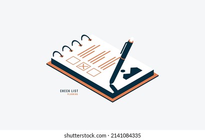 Check list paper with pencil on clipboard isometric design. Completed to do list concept, Successful completion of business tasks vector illustration