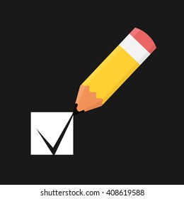 Check list. Pencil place checkmark. Vector illustration isolated on black background.
