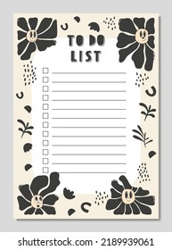 Check list planner, note paper, to do list decorated with cute cartoon doodle flowers and botanical illustrations and inspirational quote. School scheduler and organizer. Flat vector