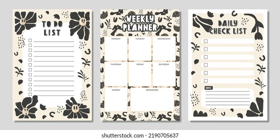 Check list planner, note paper, to do list decorated with cute cartoon doodle flowers and botanical illustrations and inspirational quote. School scheduler and organizer. Flat vectors