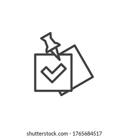 Check list with push pin line icon. Task done linear style sign for mobile concept and web design. Note paper and push pin outline vector icon. Symbol, logo illustration. Vector graphics