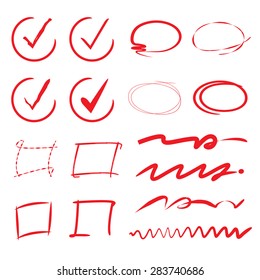 check list, red circle markers, red underline set