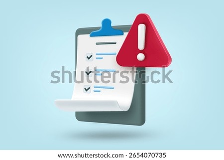 Check list with red exclamation sign. 3d vector illustration