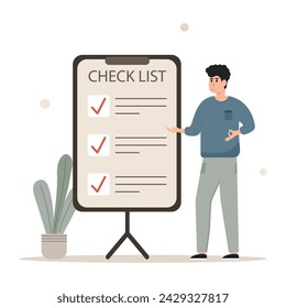 Check list scene. Characters planning work tasks, filling check list. Business and organization concept. Vector illustration.