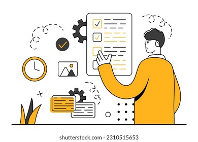 Check List scene. Man with to do list. Schedule planning concept. Planning and goal setting, motivation. To do list and notebook sheet. Vector illustration