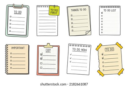 Check list sketch. Clipboard, checklist and notebook with task, to do list and checkboxes. Vector paper notes, spiral notepad or memo pad sheets with clips and adhesive tapes, hand drawn planners