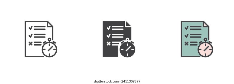 Check list and stopwatch different style icon set. Line, glyph and filled outline colorful version, outline and filled vector sign. To do list symbol, logo illustration. Vector graphics