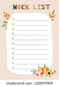 Check List Template. Vector Illustration With Autumn Elements For Planner. Cute And Trendy.