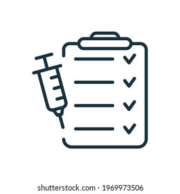 Check List with Vaccine. Vaccine Report line icon. Clipboard and Syringe icon. Schedule of vaccination. Editable stroke. Vector illustration.