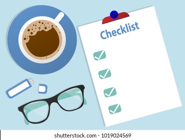 check list vector. empty note paper on clipboard with coffee cup and flash drive on blue pastel background. Business office or finance, writer, researcher or Accounting or education concept