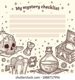 Check list for Wizard and Witch. Magic Element and Copyspace. Skull with Candle, Mystical Phial with Potion or Poison, Wooden Chest, Globe, Tooth with Keyhole and Key, Hourglass, Stars, Sun and Moon