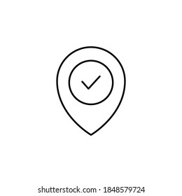 Check location line icon. Pointer sign with check mark. Map pin symbol. Vector illustration isolated on white.