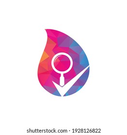 Compruebe y lustre el diseño del logotipo de la forma de la gota de vidrio. Vector de marca de verificación del logotipo de la lupa. Icono del logotipo de la mejor búsqueda