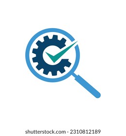 Check and magnifying glass gear shape logo design. icon of search glass search engine symbol with check mark for verified