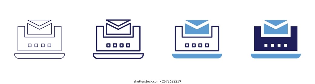 Compruebe el icono de correo en 4 estilos diferentes. Línea delgada, línea, línea en negrita, duotono. Estilo duotono. Trazo editable.