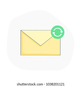 Compruebe el buzón de correo electrónico o nuevo mensaje o sincronice con el dispositivo. Relé de correo con botón de actualización o actualización en la esquina. Icono de esquema plano.