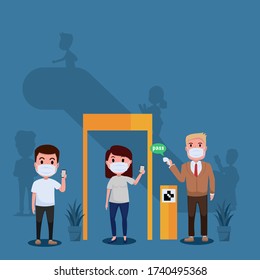 Check in at mall before and check body temperature before entering public area to fight against coronavirus in flat style, COVID-19 strategy. Flat design illustration.