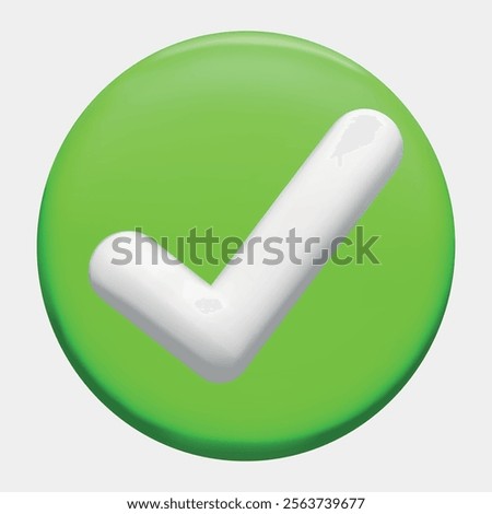 Check mark 3d. Green tick. Correct. Trendy icon. Agree and approve. Symbol sign. Vector. Ok. Verified. Textbox and checkbox. Frame vote. Done. Render plastic. Button choice. Success. Transparent