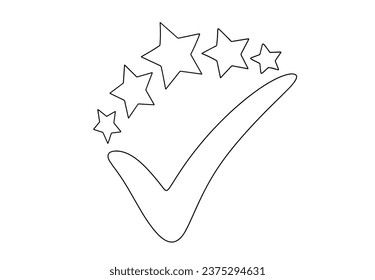 Check mark and 5 stars. Top quality. Quality checking. World Quality Day. One line drawing for different uses. Vector illustration.