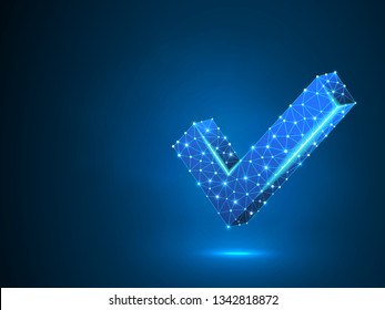 Check mark abstract neon image. Polygonal Vector business concept of success, agreement, ok illustration. Low poly wireframe, geometry triangle, lines, dots, polygons on blue background