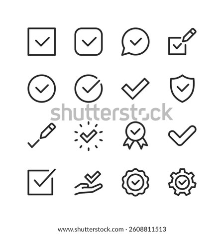Check Mark and Approval, linear style icon set. Confirmation, validation, completed tasks and verified status. Checkboxes, tick, badges, certificates and secure approvals. Editable stroke width