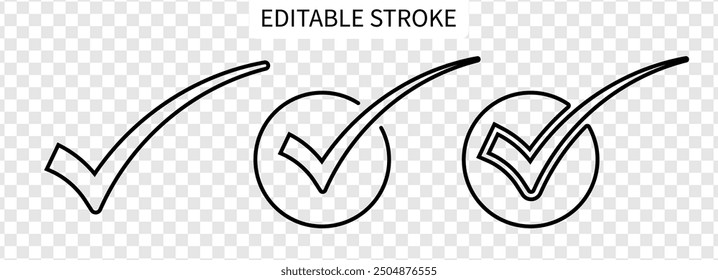 Check mark and approved symbol icon set in editable stroke on transparent background