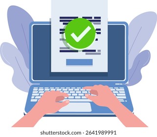 A check mark or approved warning message appears in the data filling process. The pop-up successfully saves the data. Isolated background vector.