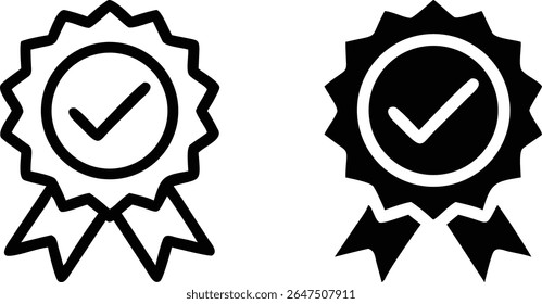 Conjunto de iconos de insignias de marca de verificación: Ilustración vectorial de símbolos de cinta de premio en blanco y negro