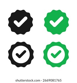 Conjunto de iconos de insignia de marca de verificación: calidad verificada, Aprobación, certificación, símbolo de éxito en negro y verde